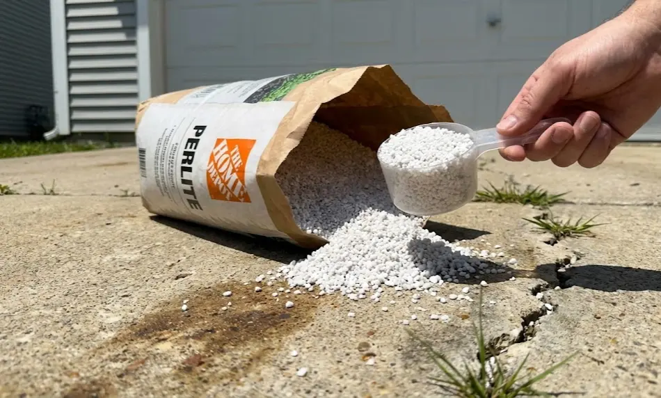 A bag of white horticultural perlite spilling onto a concrete driveway, with a hand holding a plastic scoop filled with the lightweight volcanic glass granules.