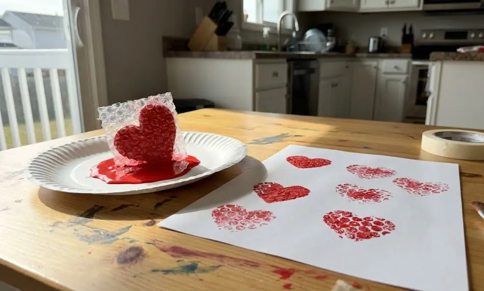 A bubble wrap heart stamp resting in a paper plate of red paint next to a white sheet of paper covered in textured red heart prints on a wooden art table.