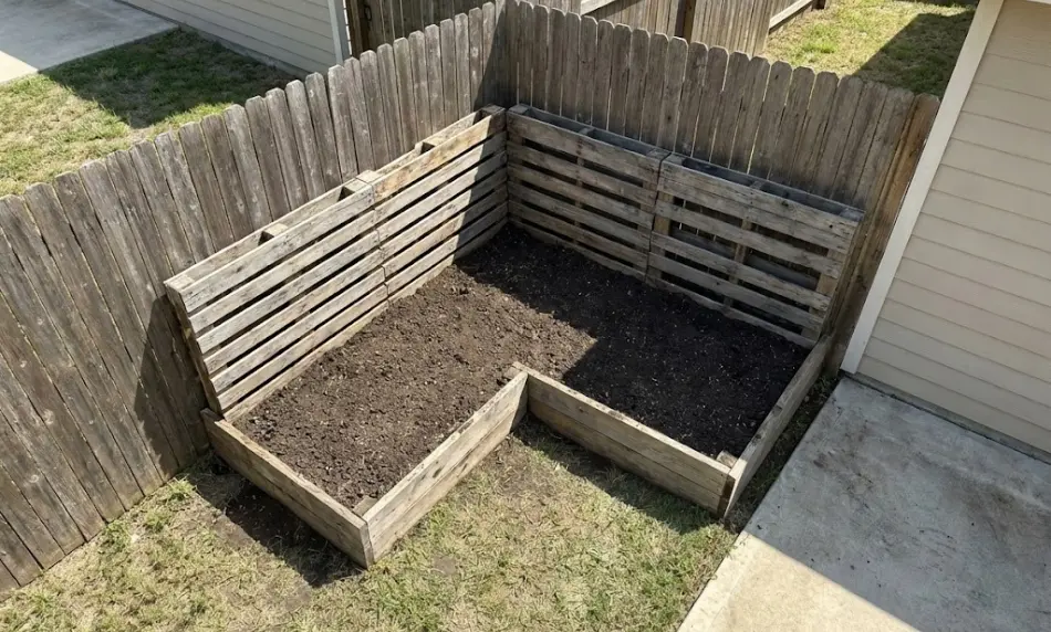 Top-down view of a newly constructed L-shaped pallet garden bed filled with dark soil, fitting perfectly into the corner of a wooden privacy fence next to a concrete patio.