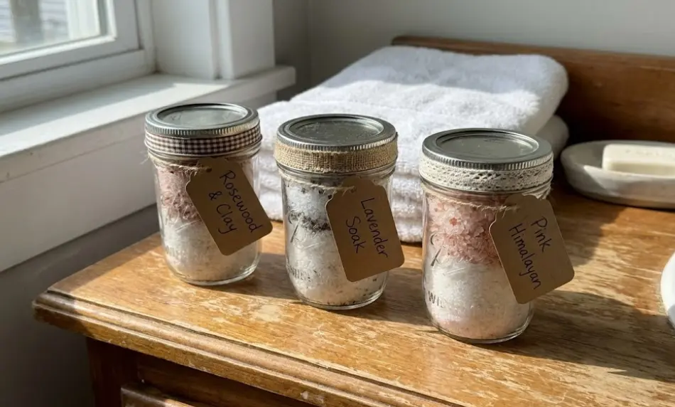 Three small clear mason jars filled with textured bath salts, trimmed with ribbon and rustic kraft paper tags labeled "Rosewood & Clay," "Lavender Soak," and "Pink Himalayan," resting on a sunlit wooden bathroom counter next to folded white towels.