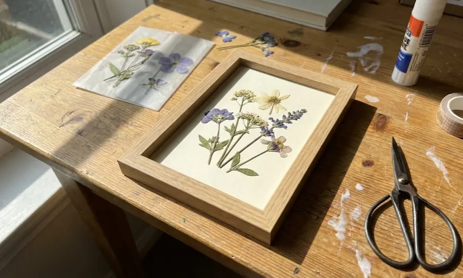 A light wood picture frame displaying an arrangement of delicate purple and white pressed flowers on a cream backing, sitting on a sunlit wooden desk alongside vintage scissors, a glue stick, and extra dried blooms.