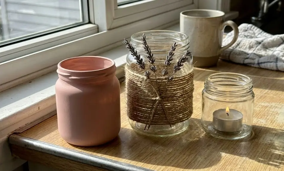 Three upcycled glass jars sitting on a sunlit wooden windowsill: a jar painted matte pink, a jar wrapped in rustic twine with dried lavender sprigs, and a small clear jar containing a lit white tea light candle.