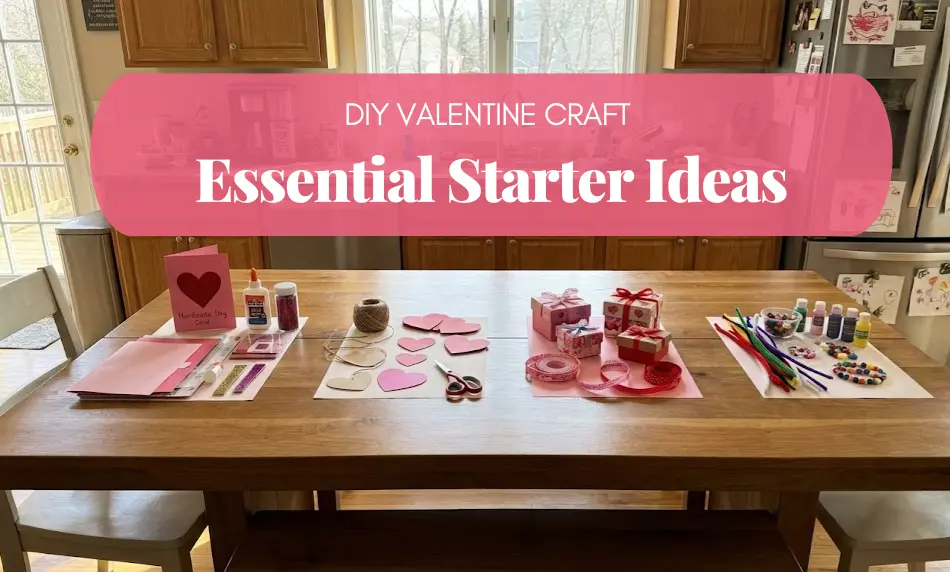 A wooden dining table organized into four distinct DIY Valentine craft stations: handmade cards with glitter, paper heart cutouts, small gift boxes with ribbon, and a kids' craft area with pipe cleaners and beads.