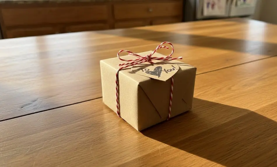 A small square gift box wrapped in simple brown kraft paper, tied with red and white baker's twine, featuring a small heart-shaped gift tag that says "To You!" with a hand-drawn heart.