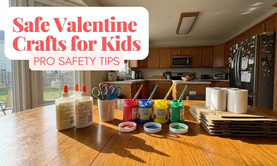 A kitchen table organized with child-safe crafting supplies, including four jars of non-toxic tempera paint with brushes, safety scissors in a cup, washable glue bottles, and stacks of cardboard and toilet paper rolls.