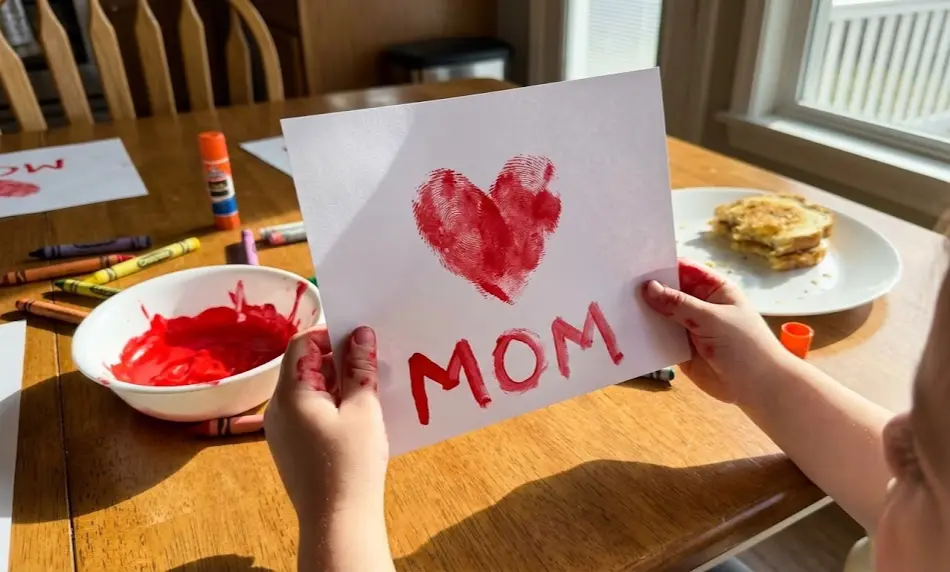 A young child holding up a handmade Valentine's card featuring a red heart made from two overlapping fingerprints and the word "MOM" painted in red on white cardstock.