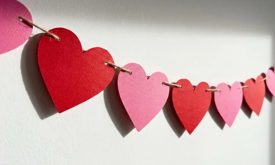 A close-up view of a DIY Valentine's garland hanging against a white wall, featuring textured red and pink paper hearts strung onto natural jute twine.