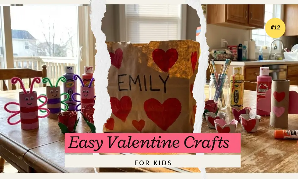 Collage of kids' Valentine crafts on a wooden kitchen table, featuring toilet paper roll love bugs with pipe cleaner wings, red painted egg carton flowers, and a brown paper bag decorated with red hearts
