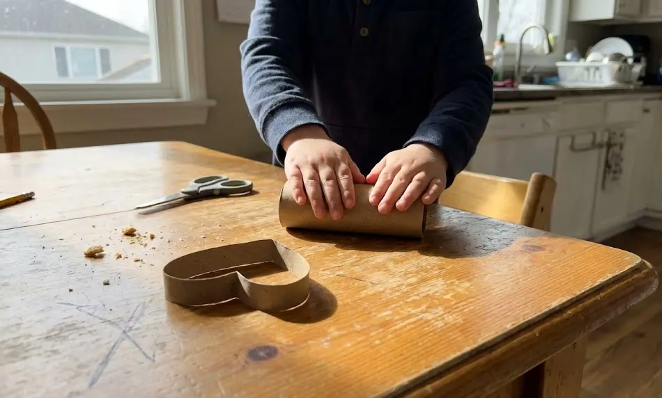 hands pressing a brown cardboard toilet paper tube flat on a rustic wooden table, with a pre-cut cardboard heart ring sitting in the foreground.