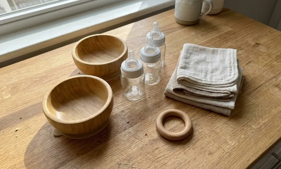 Two bamboo baby bowls with silicone suction bases, three small glass baby bottles, a stack of folded unbleached cotton washcloths, and a smooth wooden teething ring arranged on a light wooden countertop near a bright window.