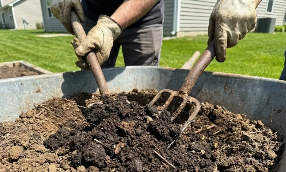 gardener's hands in leather gloves using a shovel and garden fork to blend dark compost and brown topsoil inside a galvanized metal wheelbarrow.