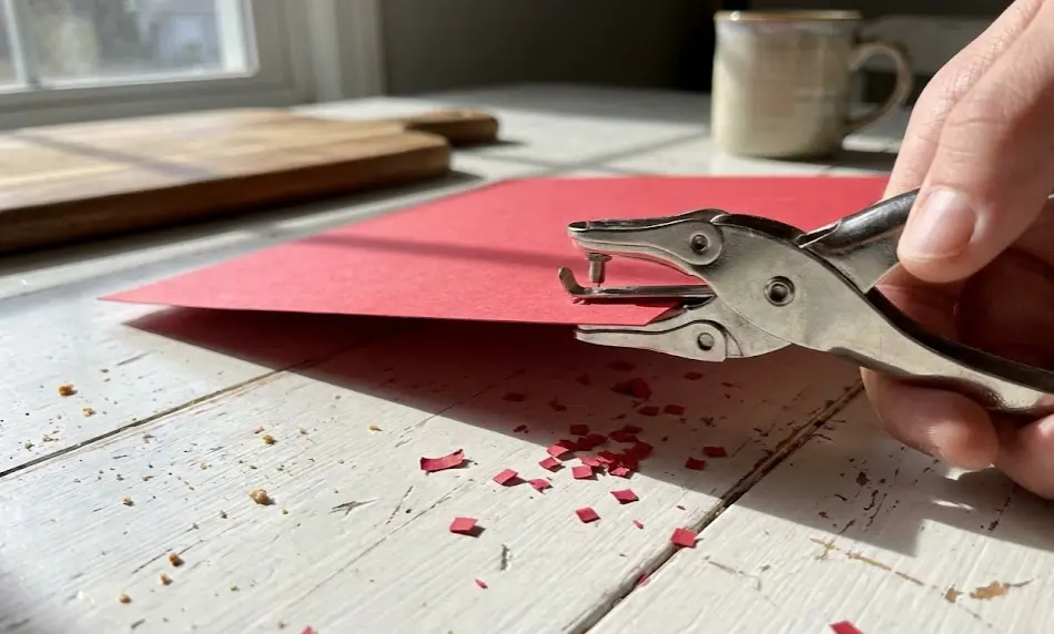 Close-up of a hand pressing a metal single-hole punch through a sheet of red cardstock, scattering small paper confetti circles onto a white rustic table.