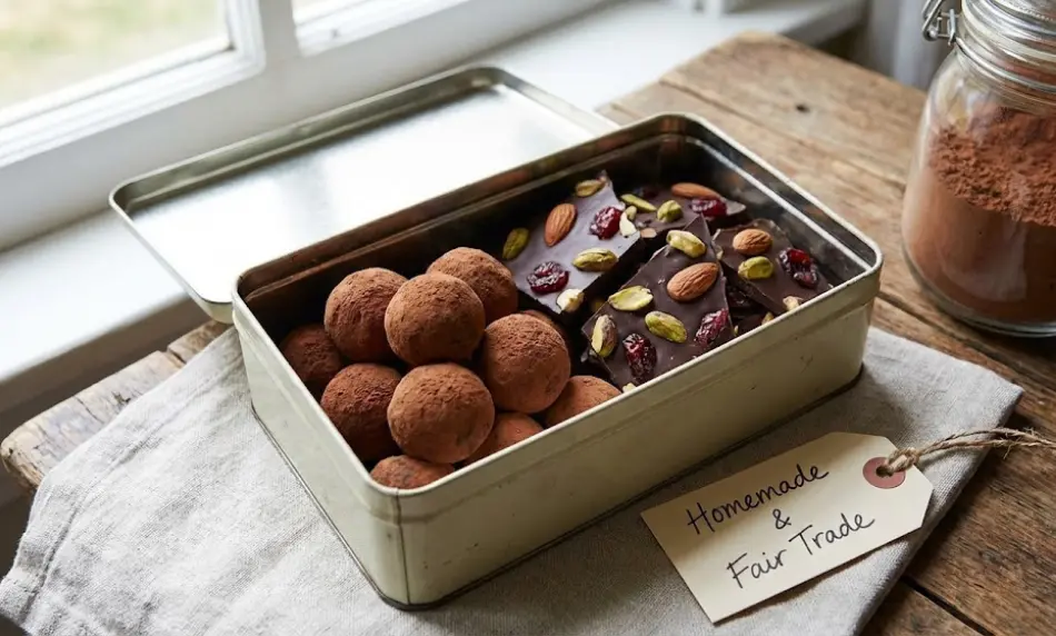 A vintage rectangular tin filled with cocoa-dusted homemade truffles and fruit-and-nut chocolate bark, sitting on a linen cloth beside a handmade "Homemade & Fair Trade" gift tag