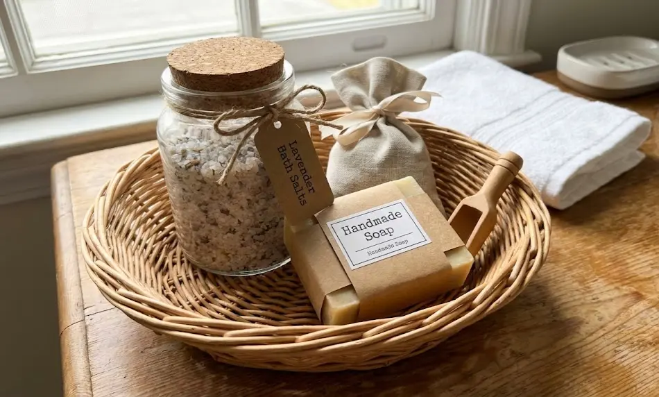 A shallow woven basket placed by a sunny window, containing a glass jar of lavender bath salts with a cork lid, a tied linen sachet, a kraft-paper wrapped bar of handmade soap, and a small wooden scoop.