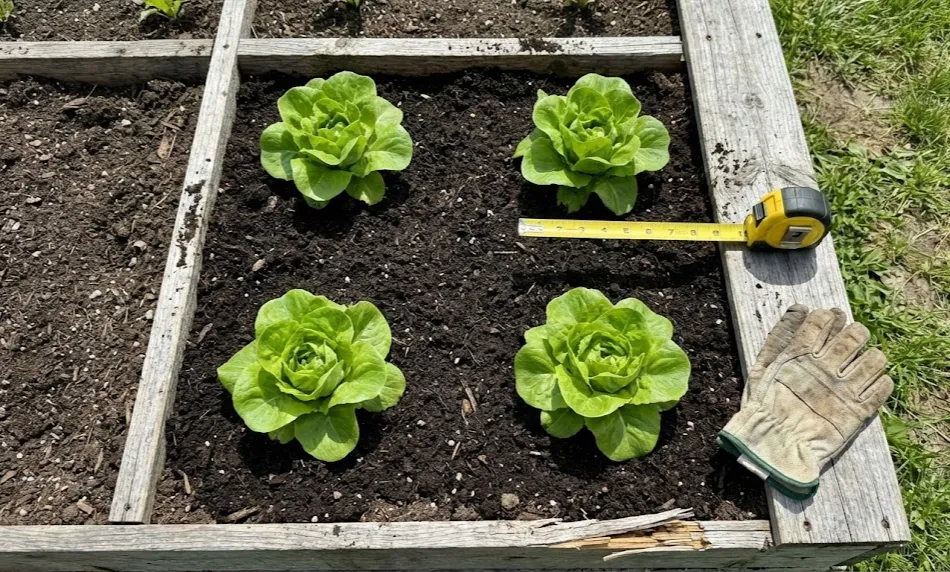 A top-down view of a wooden pallet raised bed section containing four heads of green romaine lettuce planted in a symmetrical 2x2 grid. A yellow tape measure lays across the dark soil showing 6-inch spacing between plants, with a leather gardening glove resting on the frame.