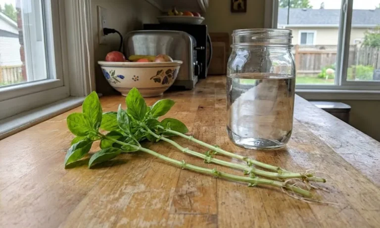 Three fresh green basil stems with the lower leaves removed, laying on a light wood kitchen countertop next to a glass mason jar half-filled with clear water.