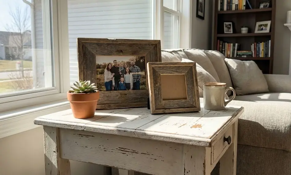 Two rustic picture frames made from weathered reclaimed wood standing on a distressed white side table; the larger frame holds a family portrait while the smaller one is empty, accompanied by a small potted succulent and a coffee mug.