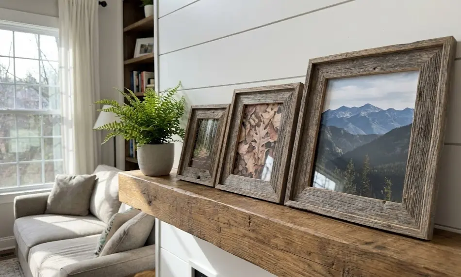 woodworking project display on a workbench featuring a rustic 8x10 reclaimed wood frame, a smaller 4x6 desk frame, and a stack of four 4-inch square wooden coasters, all showing distinct weathered grain patterns.