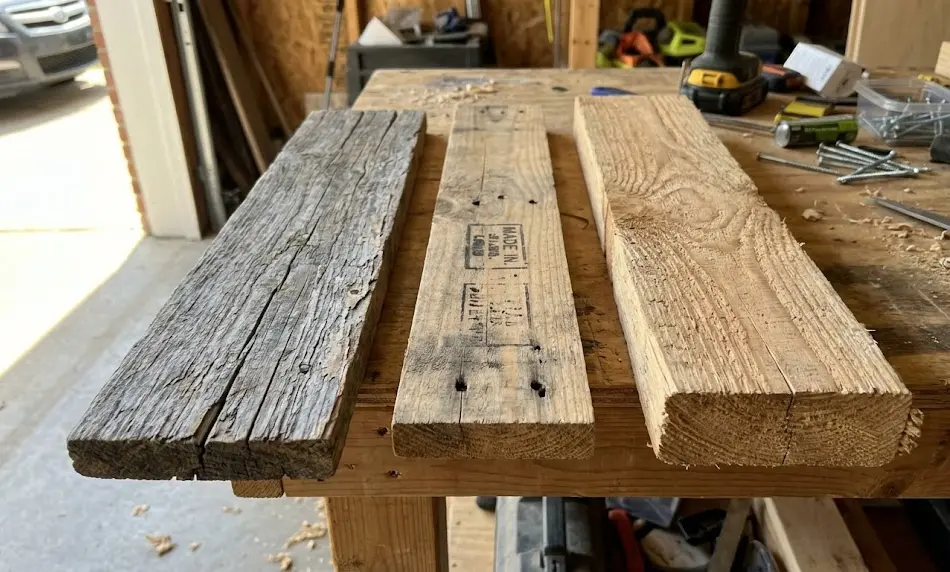 A side-by-side comparison of the three primary recycled wood types: a weathered grey barn board (reclaimed), a rough slat from a disassembled shipping skid (pallet), and a stack of clean, bright pine lumber offcuts (scrap).