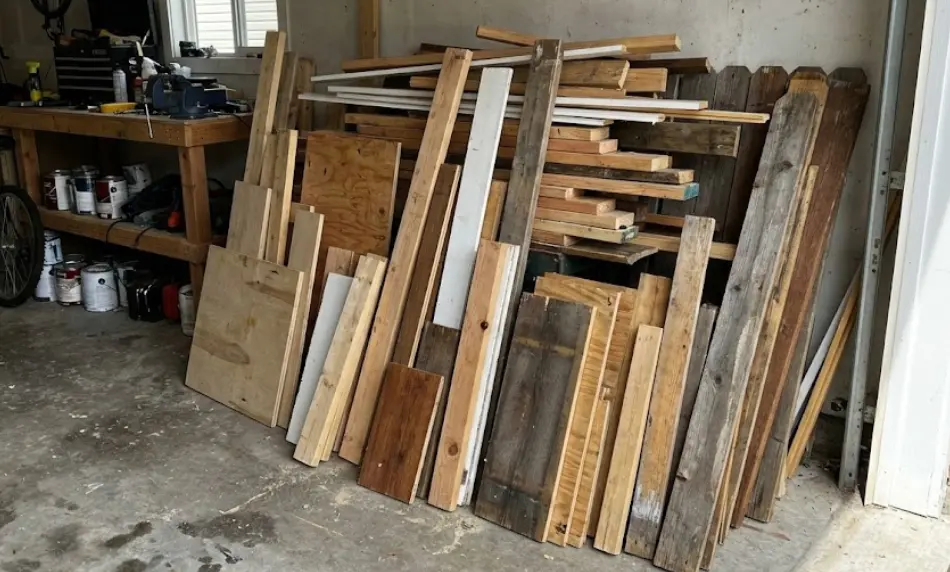 large collection of assorted scrap wood pieces leaning against a garage wall, including plywood sheets, dimensional lumber offcuts, and trim molding remnants next to a workbench.