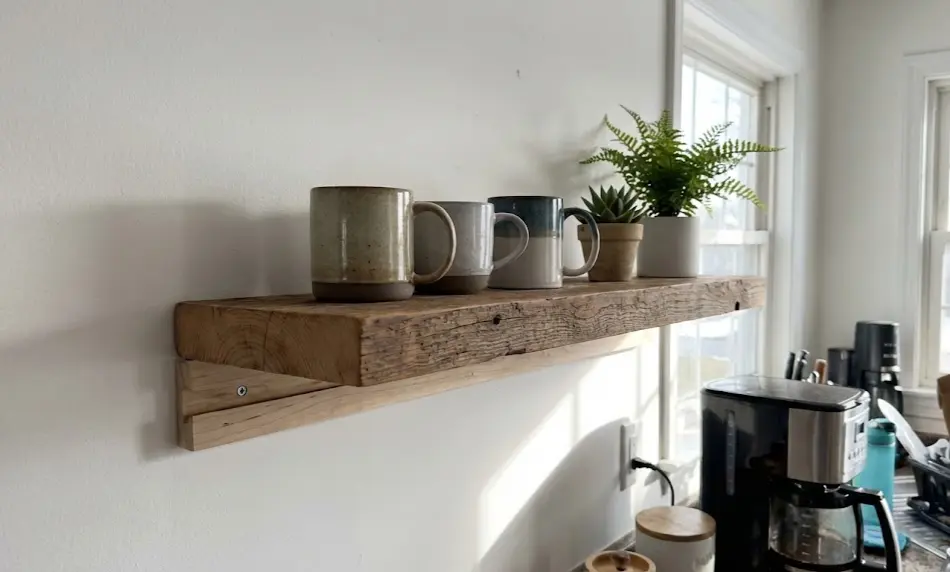 thick, rustic reclaimed wood floating shelf mounted on a white kitchen wall, displaying three ceramic coffee mugs and two small potted plants next to a bright window.