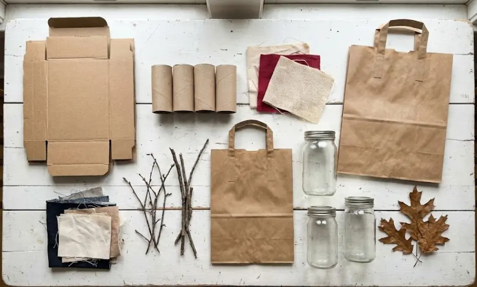 Top-down view of eco-friendly craft supplies arranged on a white rustic table, featuring cardboard tubes, brown paper bags, clear mason jars, fabric scraps, dried twigs, and oak leaves.