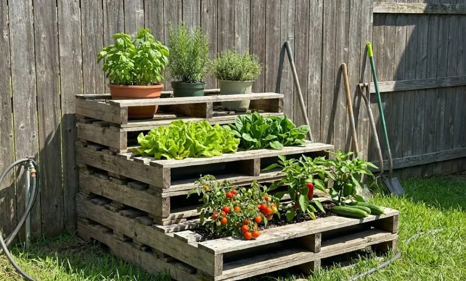 three-level stepped pallet garden bed sitting on grass against a wooden fence. The top tier serves as a shelf for potted herbs, the middle tier contains leafy greens like lettuce, and the bottom tier holds fruiting plants like cherry tomatoes and peppers.