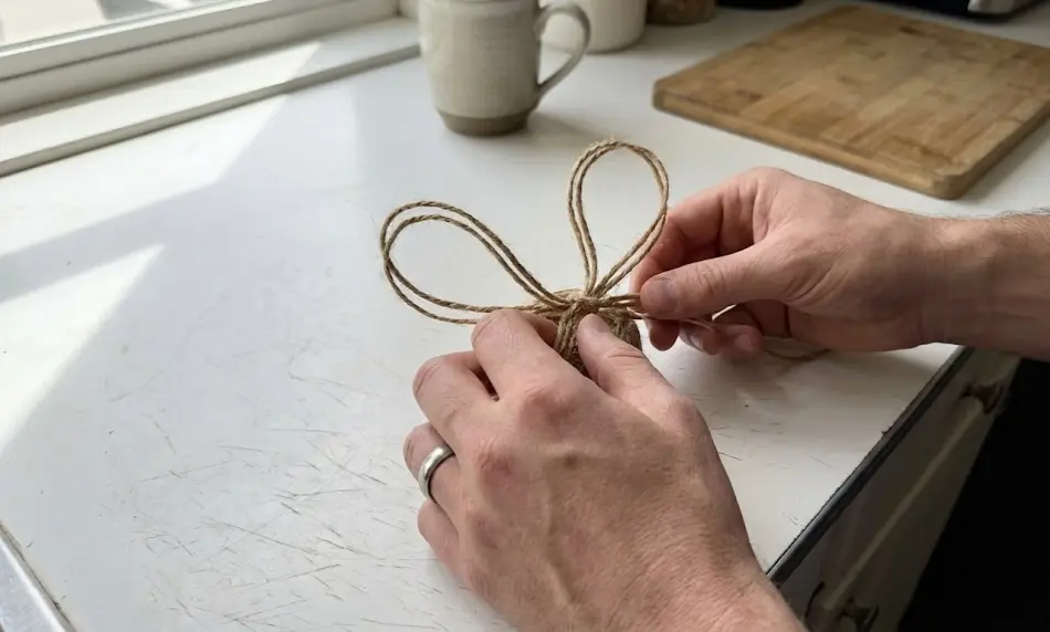 Close-up of hands tightening the loops of a rustic jute twine bow using the "bunny ears" method on a white countertop.