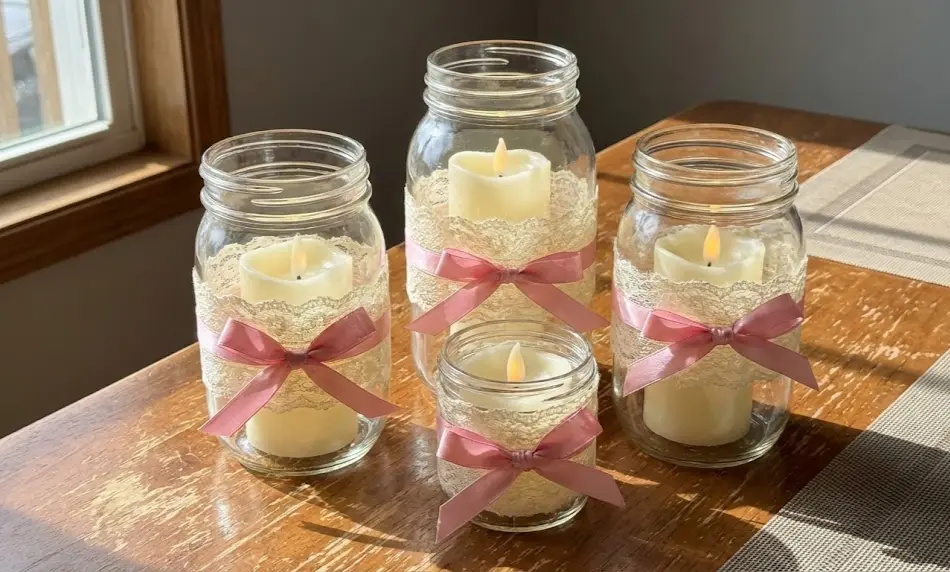 Group of four clear glass mason jars of varying sizes upcycled into candle holders, wrapped in white lace and tied with pink satin ribbon, containing battery-operated white LED candles on a wooden table.