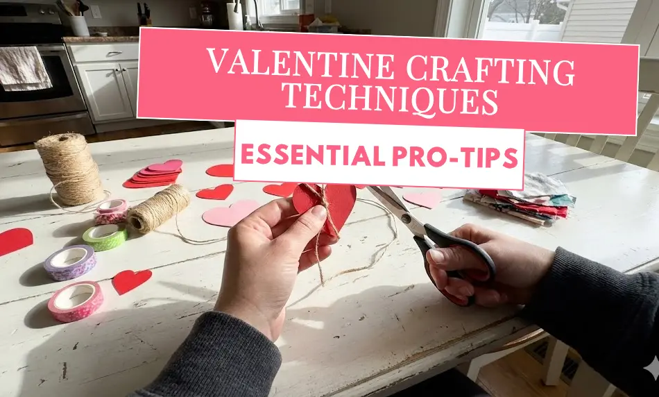 hands using scissors to trim twine on a red paper heart ornament, surrounded by rolls of washi tape and fabric scraps on a white table.