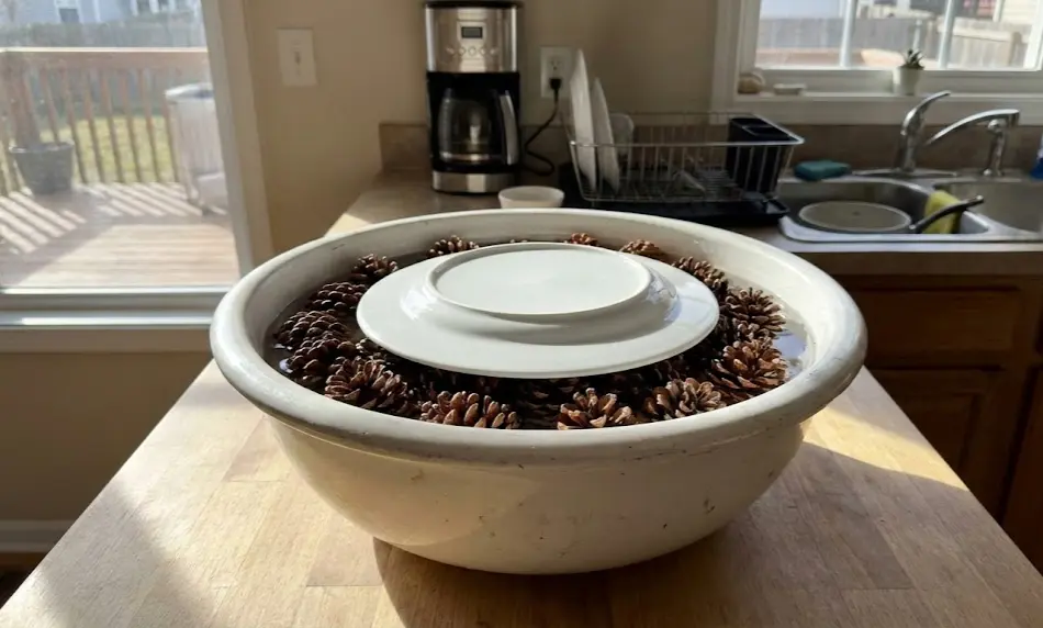 A large white bucket filled with a water and vinegar solution, showing several pine cones being weighed down by a ceramic dinner plate to keep them submerged, with a bottle of distilled white vinegar sitting nearby.
