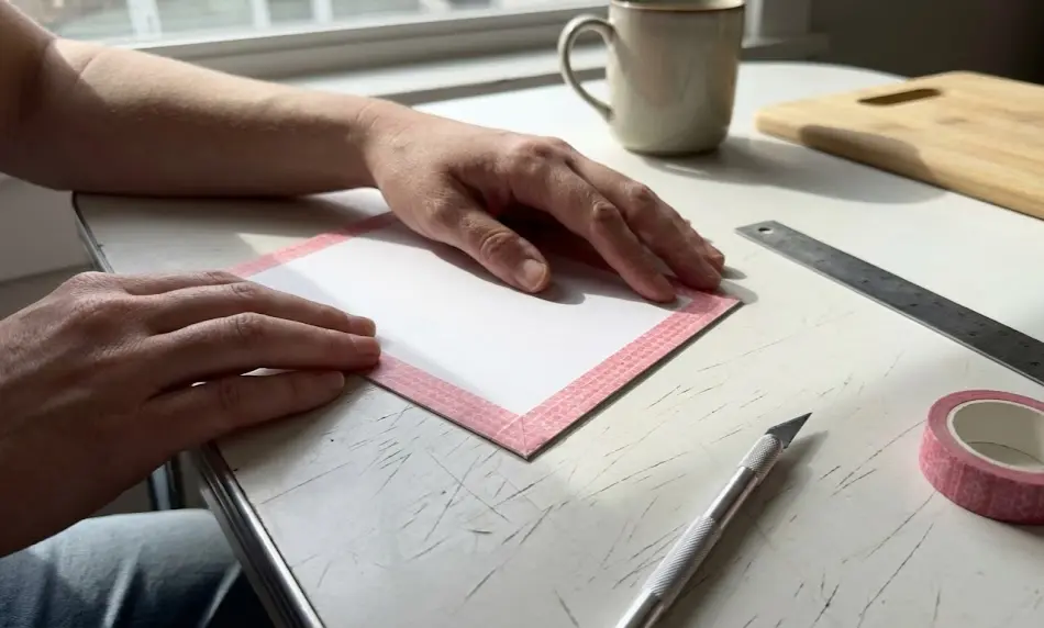 Close-up of hands applying a pink washi tape border to white cardstock on a white table, using a silver craft knife and metal ruler to create precise mitered corners.