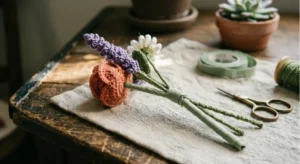 Finished DIY crochet flower bouquet featuring sturdy stems wrapped neatly in yarn and green ribbon.