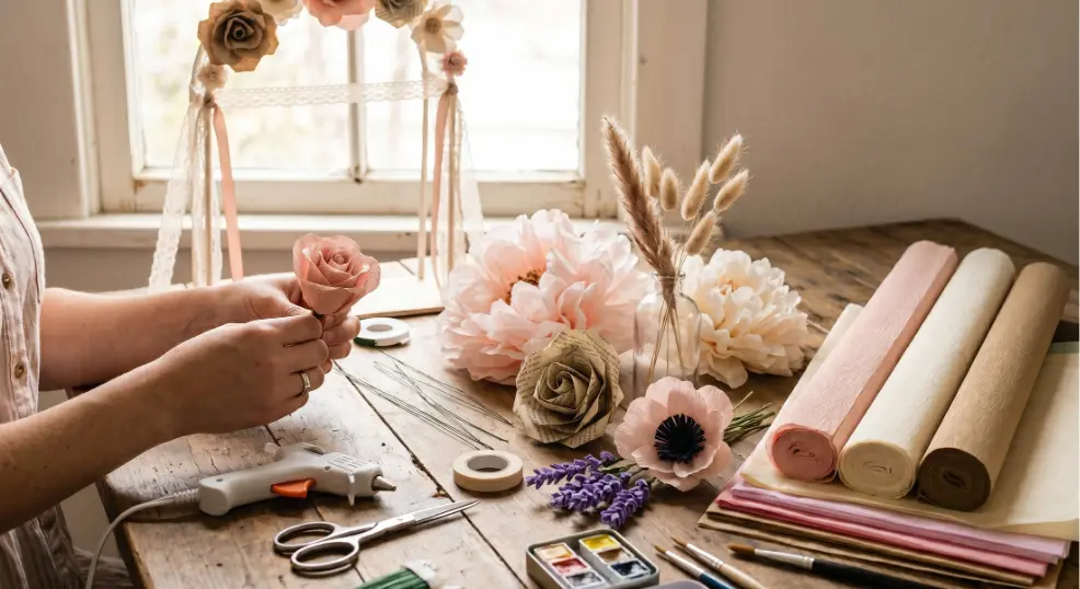 A person's hands crafting a blush crepe paper rose on a rustic wooden table, surrounded by DIY wedding supplies including a hot glue gun, scissors, pastel crepe paper rolls, and watercolors.
