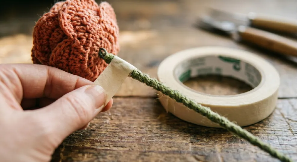 Smoothing the join between a crocheted flower base and a yarn-wrapped wire stem using masking tape.