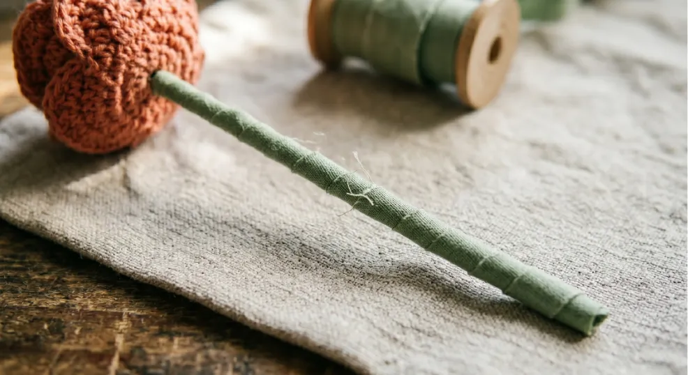 A finished sturdy crochet flower stem completely wrapped in sage green ribbon.