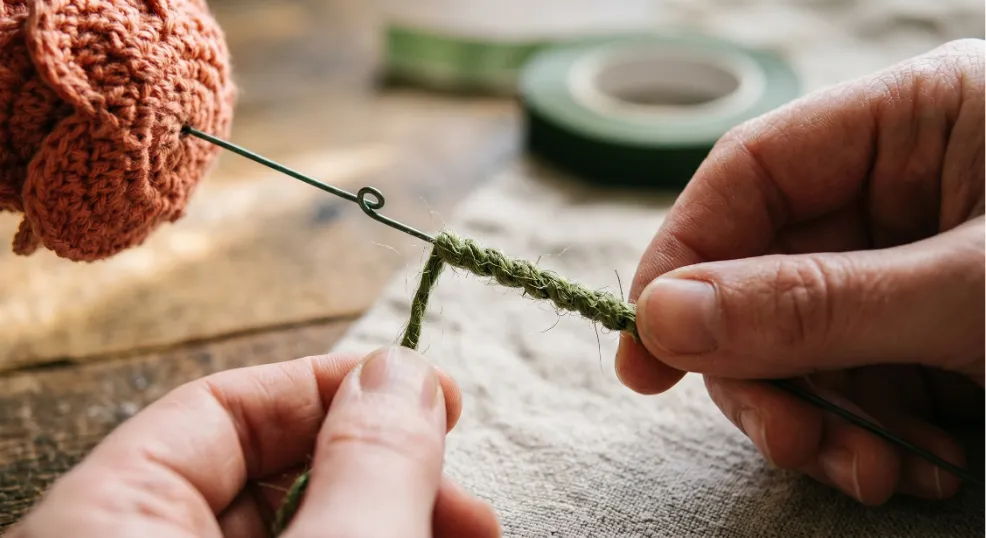 Winding green yarn tightly around a floral wire to build natural thickness for a crochet flower stem.