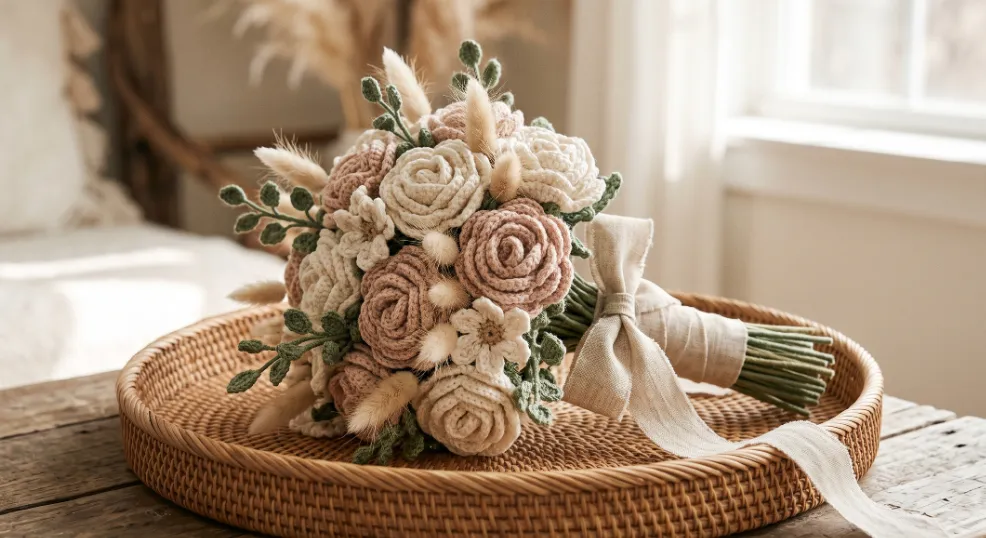 A handcrafted bohemian bridal bouquet featuring detailed crochet roses in blush pink and cream yarn mixed with natural dried bunny tail grass and greenery, resting on a round woven rattan tray on a rustic wooden table in a brightly lit room.