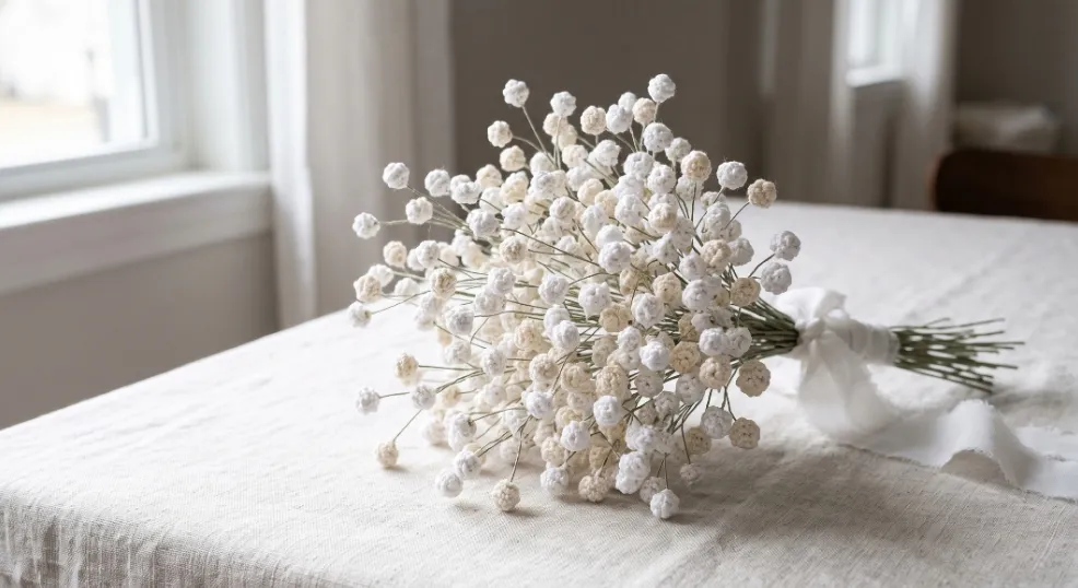 A detailed close-up photograph of a handcrafted crochet baby's breath-inspired bridal bouquet resting on a textured white linen tablecloth by a window. The bouquet features dozens of small white and cream yarn bobble flowers clustered on fine floral wire stems, tied with a frayed white gauze ribbon in natural daylight.