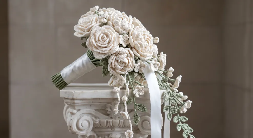 A hyper-realistic photograph captures an intricate cascading crochet bridal bouquet made of ivory yarn roses, peonies, and delicate green leaves, resting atop an ornate white marble Corinthian pedestal. The bouquet transitions from dense blooms to a flowing trail of flowers and vines, all wrapped in a wide white satin ribbon with trailing tails. Soft natural daylight highlights the photorealistic crochet textures against the classical backdrop.