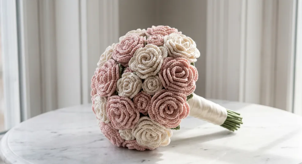 A handcrafted bridal bouquet made of blush and ivory crochet cotton yarn roses with an ivory satin ribbon wrapped around the stems, resting on an antique white marble tabletop in natural window light.