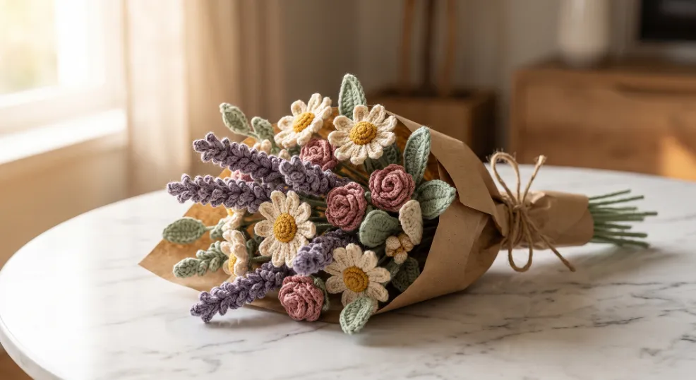 A photorealistic editorial photograph of a handcrafted crochet rose bridal bouquet featuring intricately stitched blush and ivory cotton yarn roses. The bouquet rests on an antique white marble tabletop in soft, diffused natural daylight coming from a nearby window, showing detailed yarn textures and stems wrapped in cream satin ribbon.