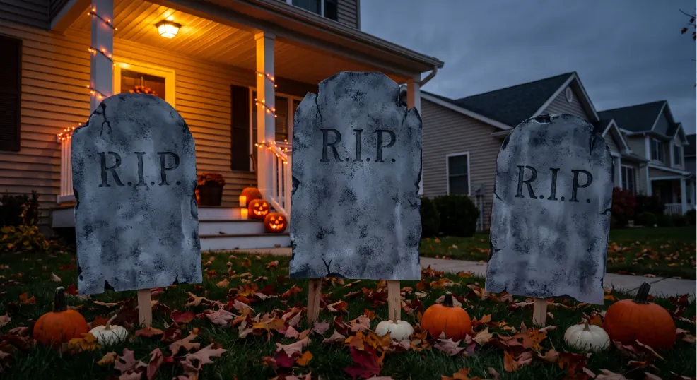 A realistic photograph of a handmade Halloween graveyard on a suburban American front lawn at dusk, featuring three uneven gray foam board tombstones with sponge-painted stone textures, surrounded by fallen autumn leaves, small pumpkins, and warm glowing porch lights.