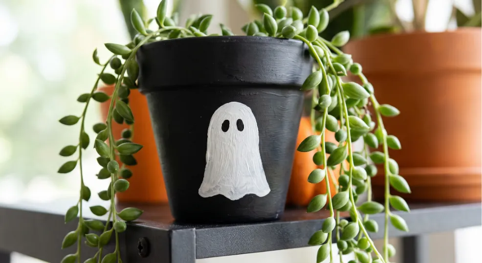 A close-up of a small, matte black planter featuring a hand-painted white ghost silhouette with visible brushstrokes, holding a cascading green trailing houseplant on an indoor plant shelf.