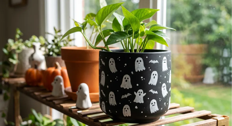 A close-up of a matte black indoor planter decorated with an intricate pattern of hand-painted white ghosts, tiny dots, and small bats, displaying a leafy green pothos plant on a bright window shelf.