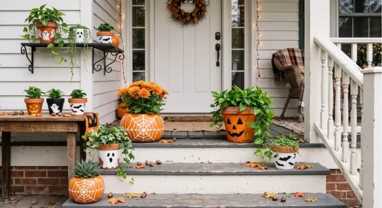 A highly detailed early afternoon photograph of a multi-tiered front porch decorated for autumn, featuring a coordinated collection of hand-painted terracotta planters with ghost, bat, jack-o'-lantern, and spiderweb designs filled with mums, pothos, and succulents arranged on weathered wooden steps and a rustic side table.