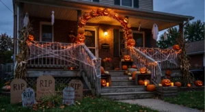 A lived-in American front porch and yard decorated for Halloween at dusk, featuring a glowing pumpkin arch over the front door, cobwebs draped on the railings, handmade cardboard tombstones on the lawn, and wooden crates stacked with jack-o'-lanterns illuminated by warm amber string lights.