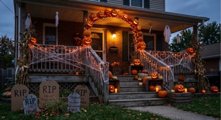 A lived-in American front porch and yard decorated for Halloween at dusk, featuring a glowing pumpkin arch over the front door, cobwebs draped on the railings, handmade cardboard tombstones on the lawn, and wooden crates stacked with jack-o'-lanterns illuminated by warm amber string lights.