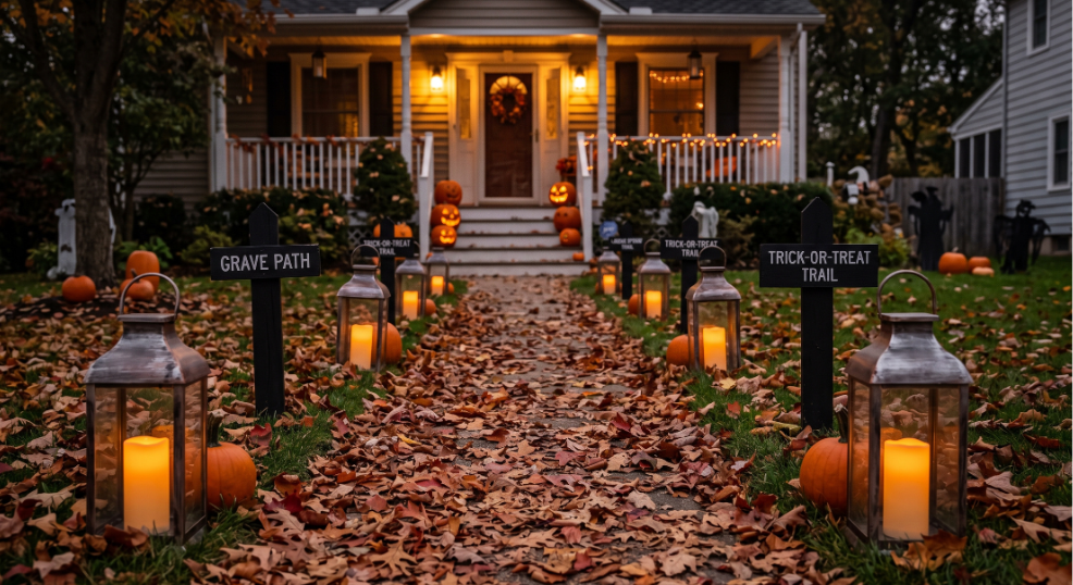 A realistic photograph of a leaf-covered residential walkway leading to a suburban American home at dusk, lined with scuffed metal lanterns containing warm amber battery candles, small pumpkins, and black wooden trick-or-treat trail signs.