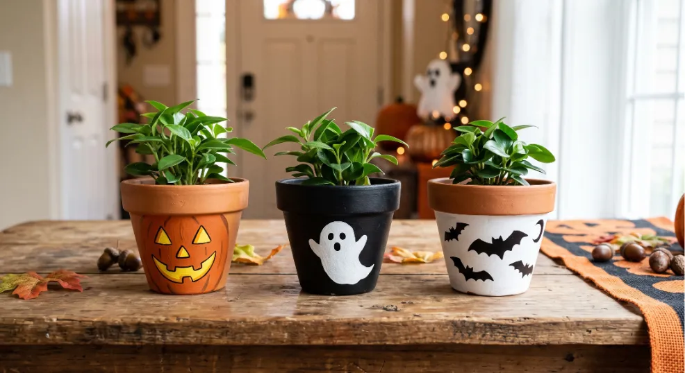 Three matching small terracotta planters hand-painted with an orange pumpkin face, a white ghost on a matte black background, and black bats on a white background, filled with small green indoor plants and arranged on a rustic wooden entryway table alongside scattered fall leaves and acorns.